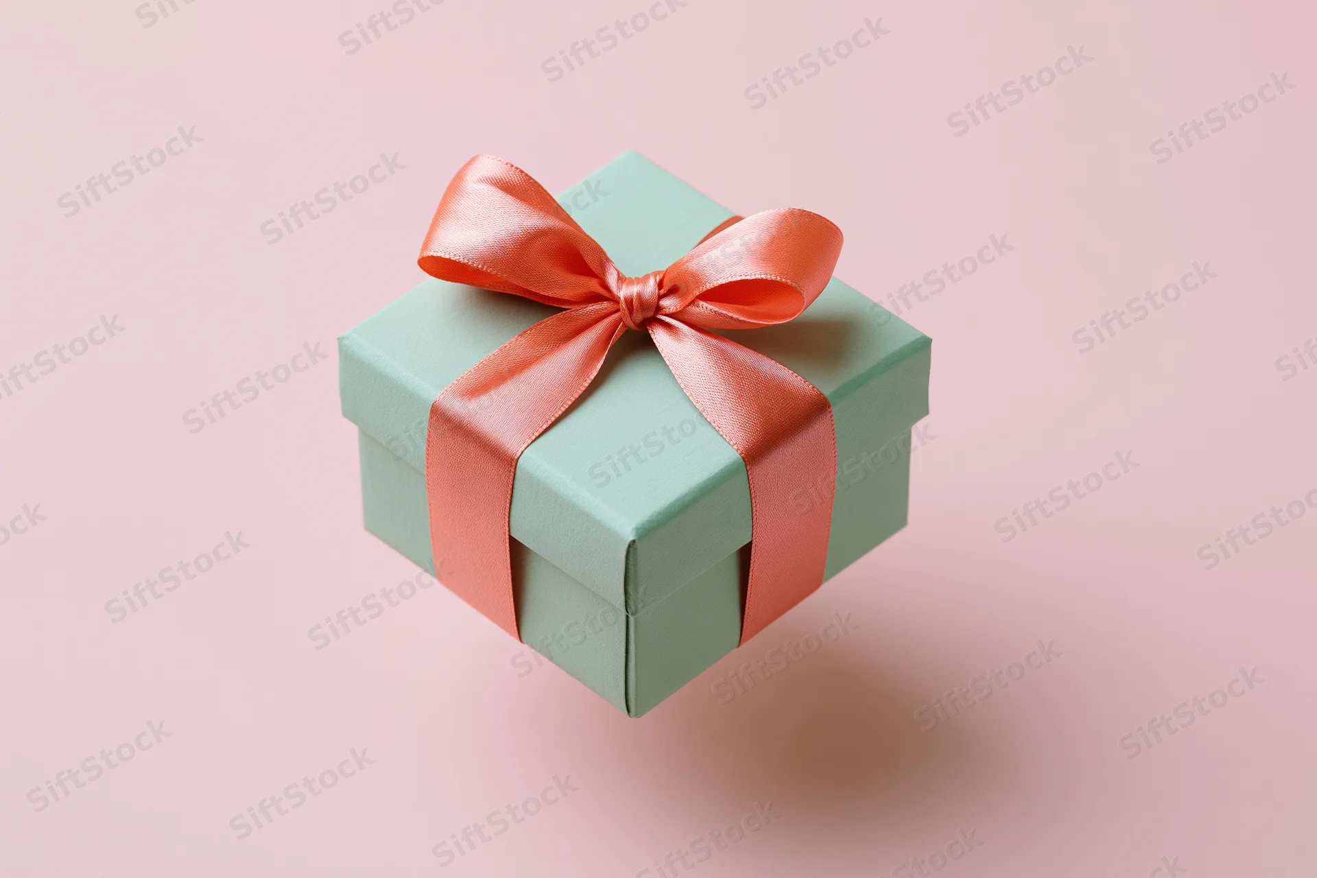 Mint-green gift box with coral-pink satin ribbon bow on pastel pink background