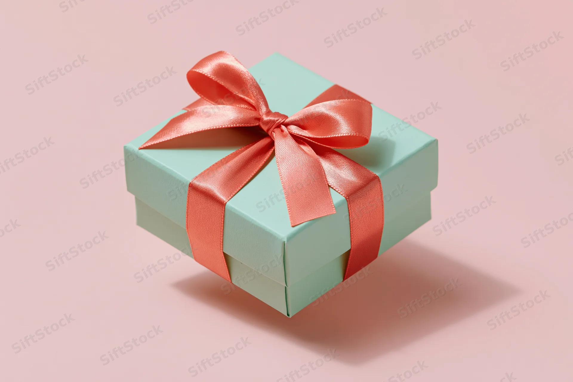 Mint-green gift box tied with coral-pink satin ribbon on soft pink background