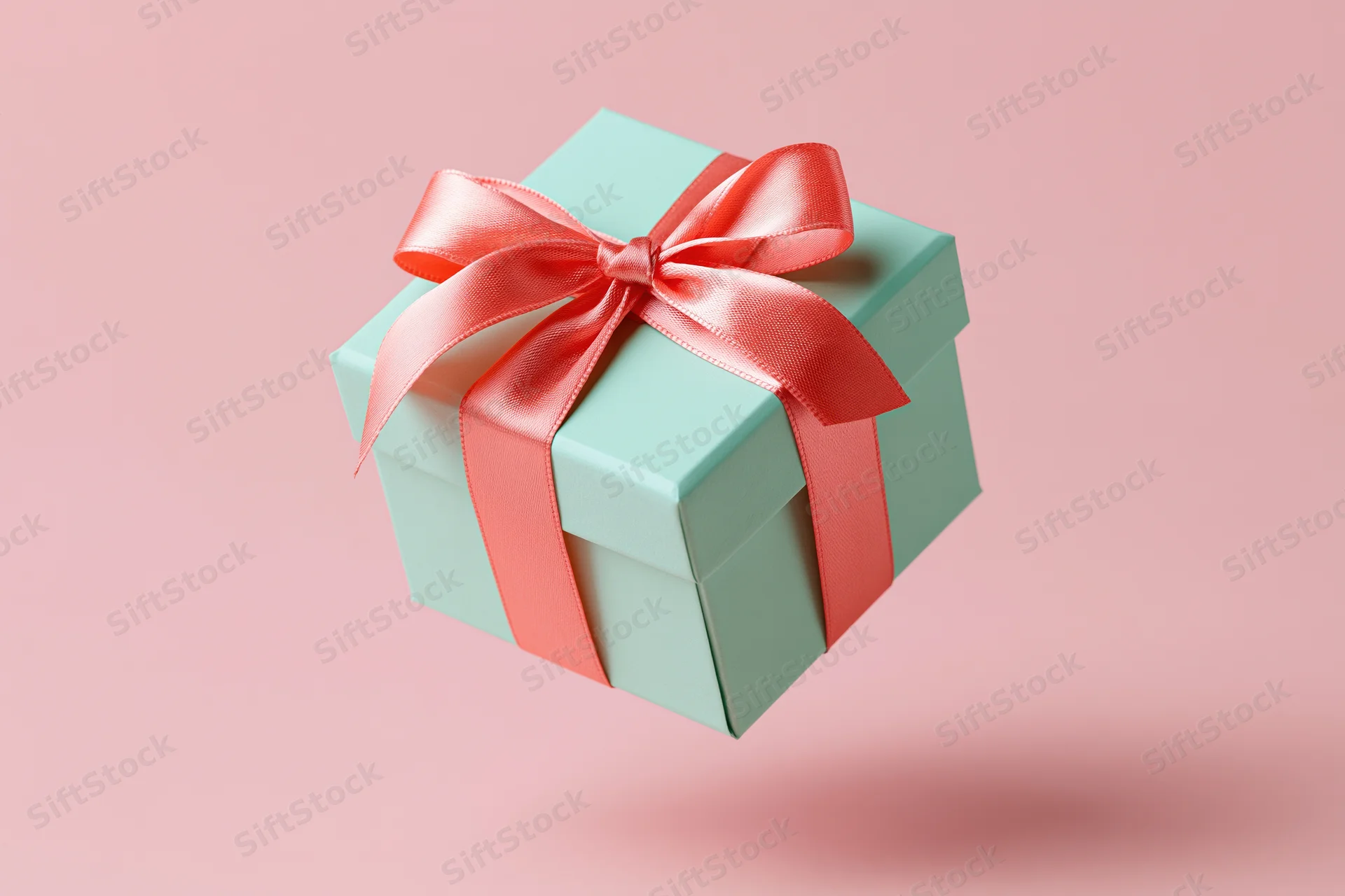 Mint-green gift box with coral-pink satin ribbon bow floating on pink background