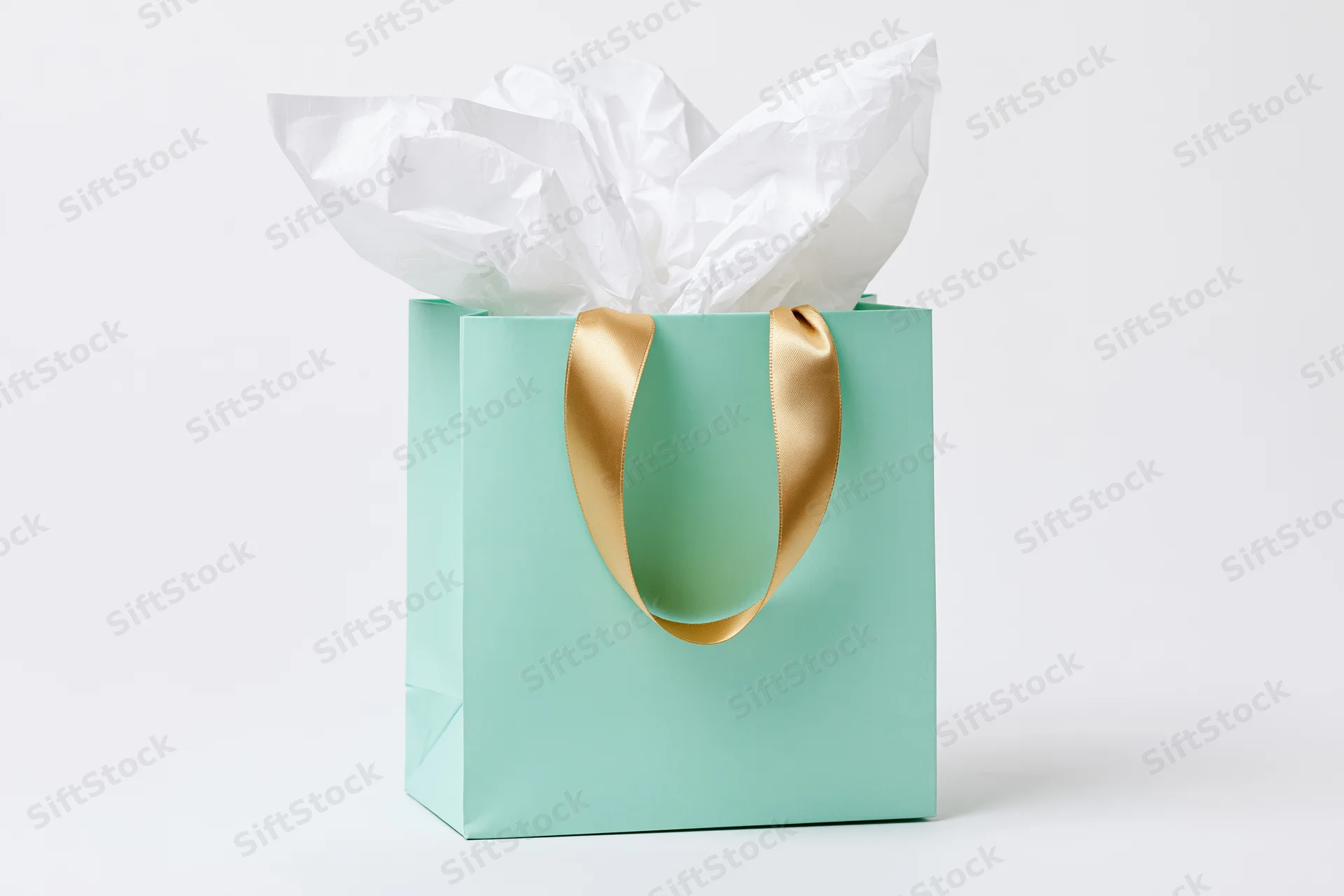 Mint green gift bag with gold satin ribbon handles and white tissue paper on white background