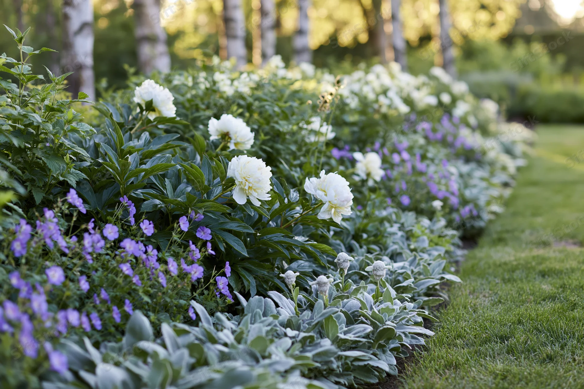 A mixed cottage garden border in full early summer bloom with white peonies, purple flowers, and silvery foliage alongside a green lawn and birch trees