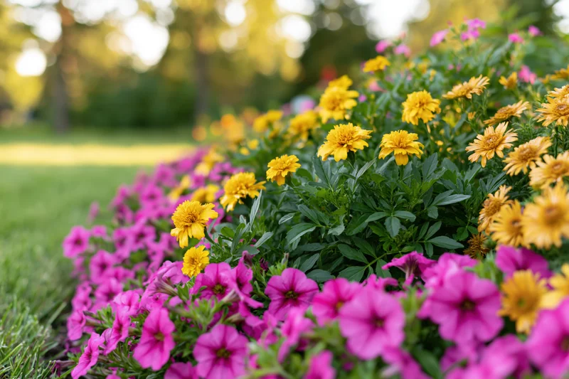 Mixed flower bed in full bloom along a grassy edge in a garden