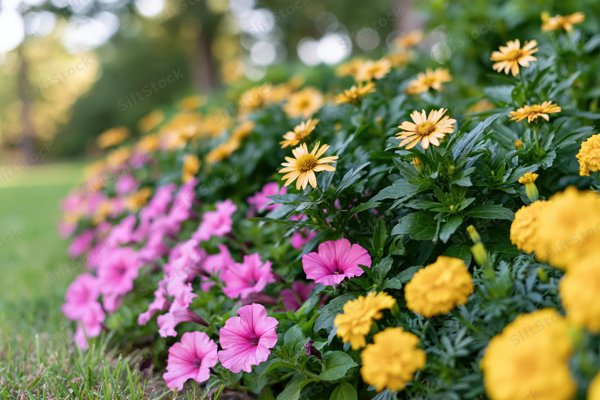Mixed flower bed in full bloom along a garden border with pink petunias and yellow marigolds and zinnias
