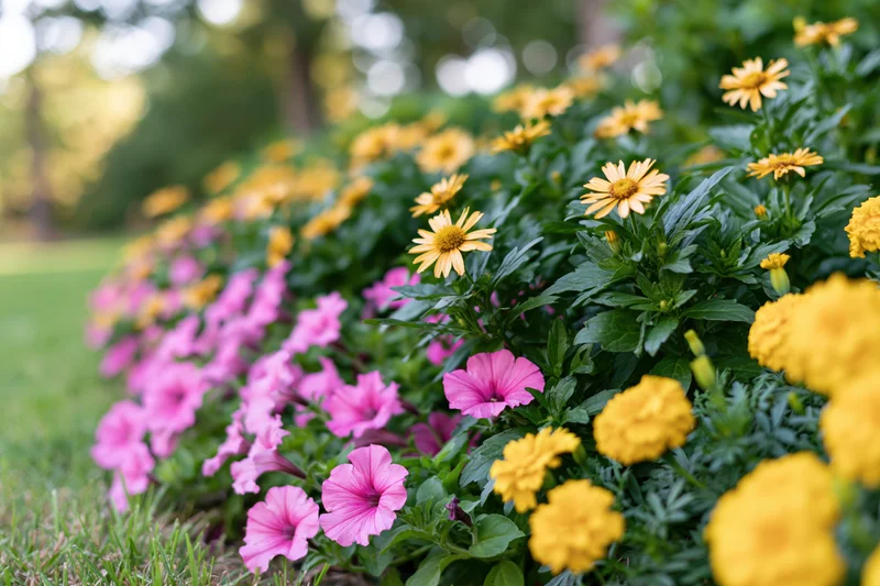Mixed flower bed in full bloom along a garden border with pink petunias and yellow marigolds and zinnias