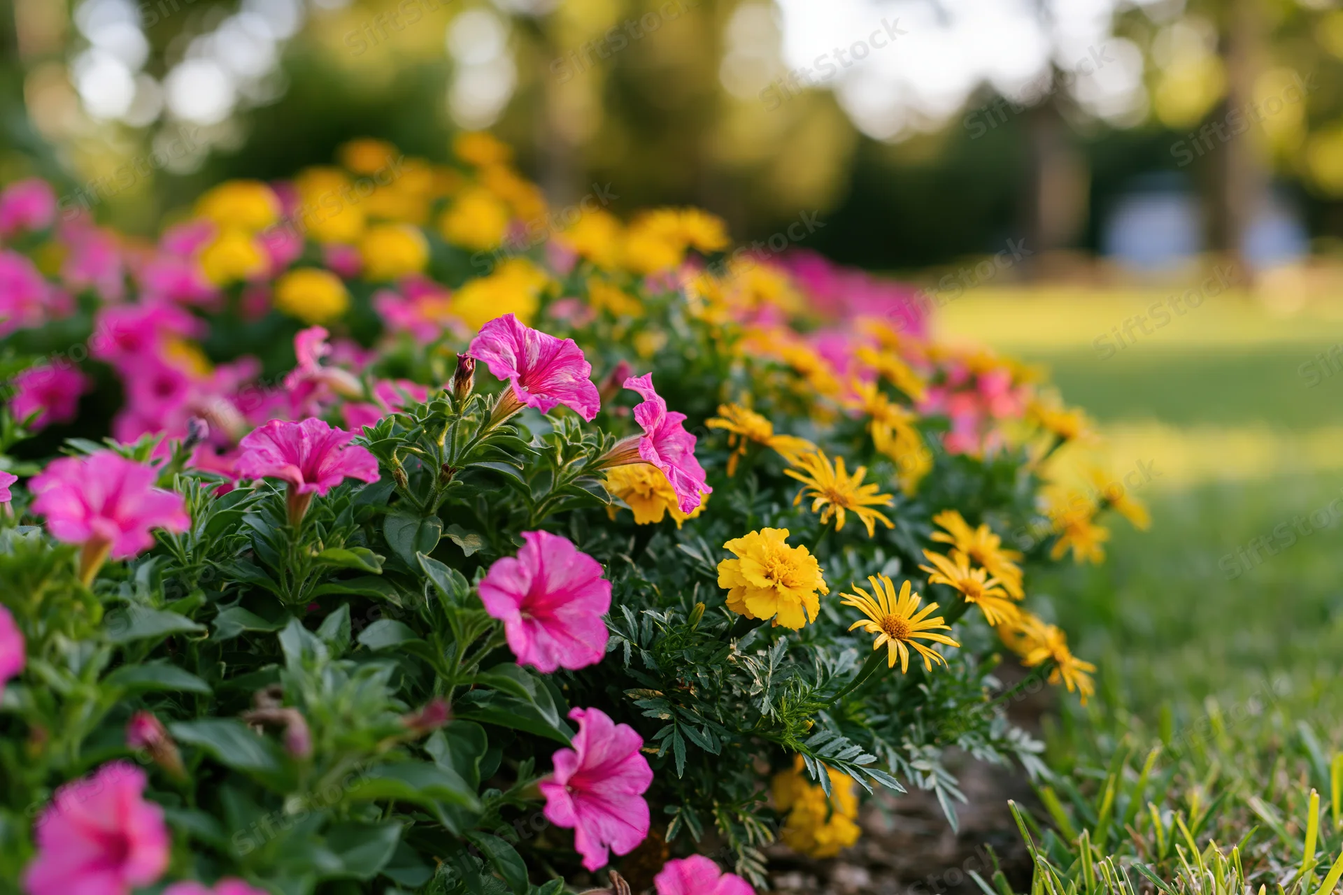 Pink petunias and yellow marigolds blooming in a garden bed beside green grass