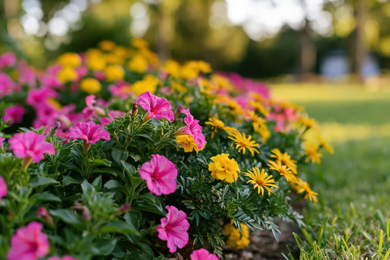 Pink petunias and yellow marigolds blooming in a garden bed beside green grass