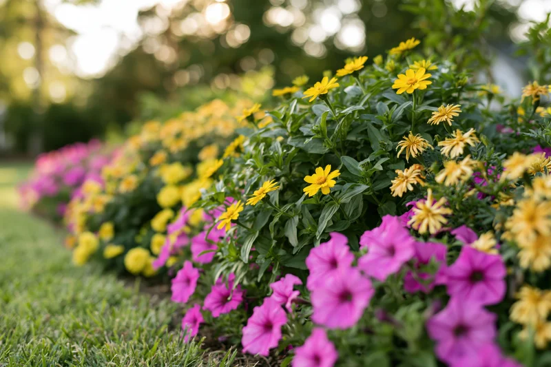 Low-angle view of a row of blooming petunias and zinnias in a garden bed beside a lawn