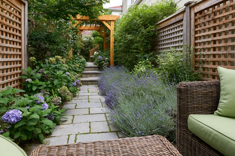 Stone paver path lined with lavender and hydrangea in a narrow urban backyard garden with wicker furniture and wooden lattice fencing