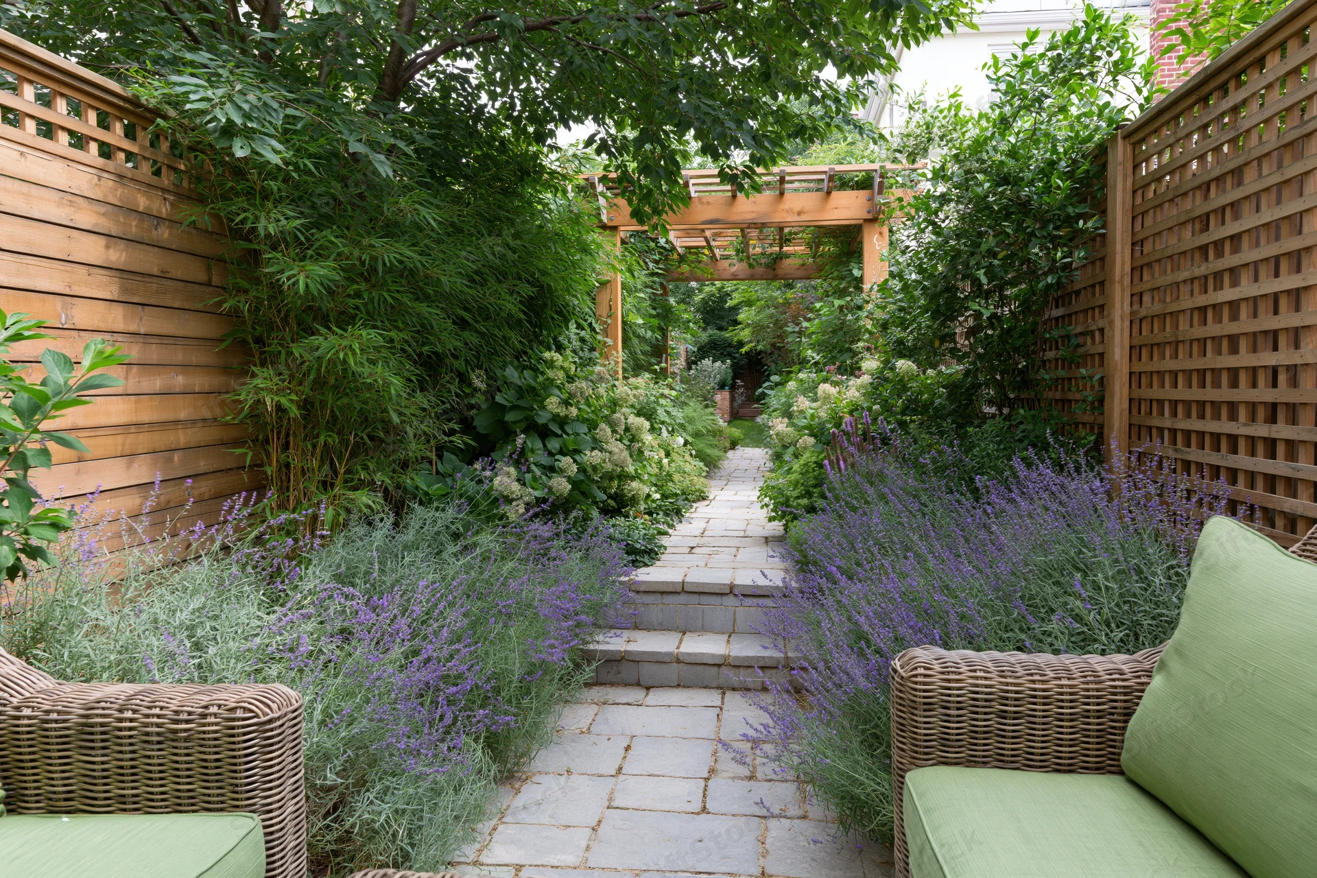 Narrow urban backyard garden with stone paver path lined with lavender and greenery, flanked by wooden fences and wicker seating with green cushions