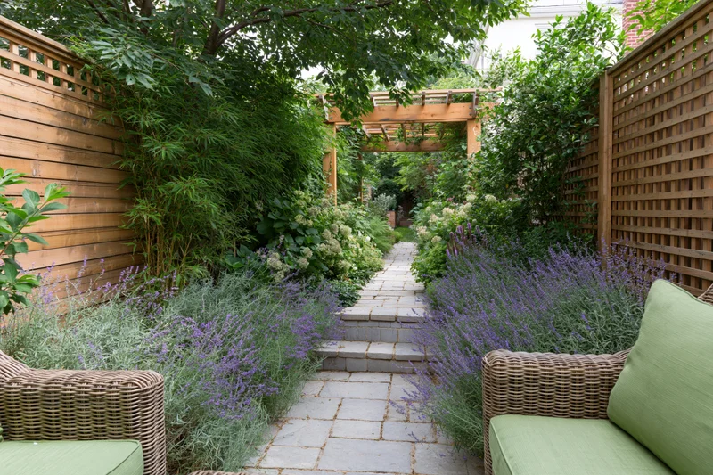 Narrow urban backyard garden with stone paver path lined with lavender and greenery, flanked by wooden fences and wicker seating with green cushions