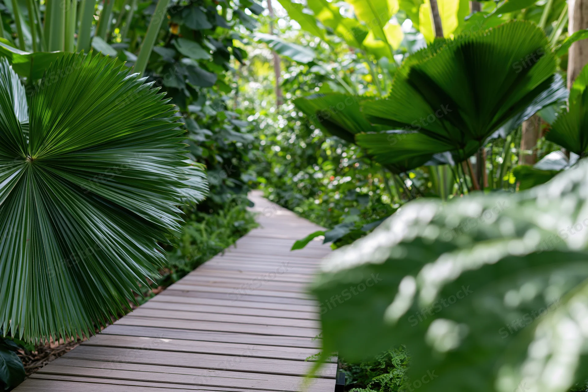 Wooden boardwalk path winding through dense tropical foliage with large fan palms and greenery on either side