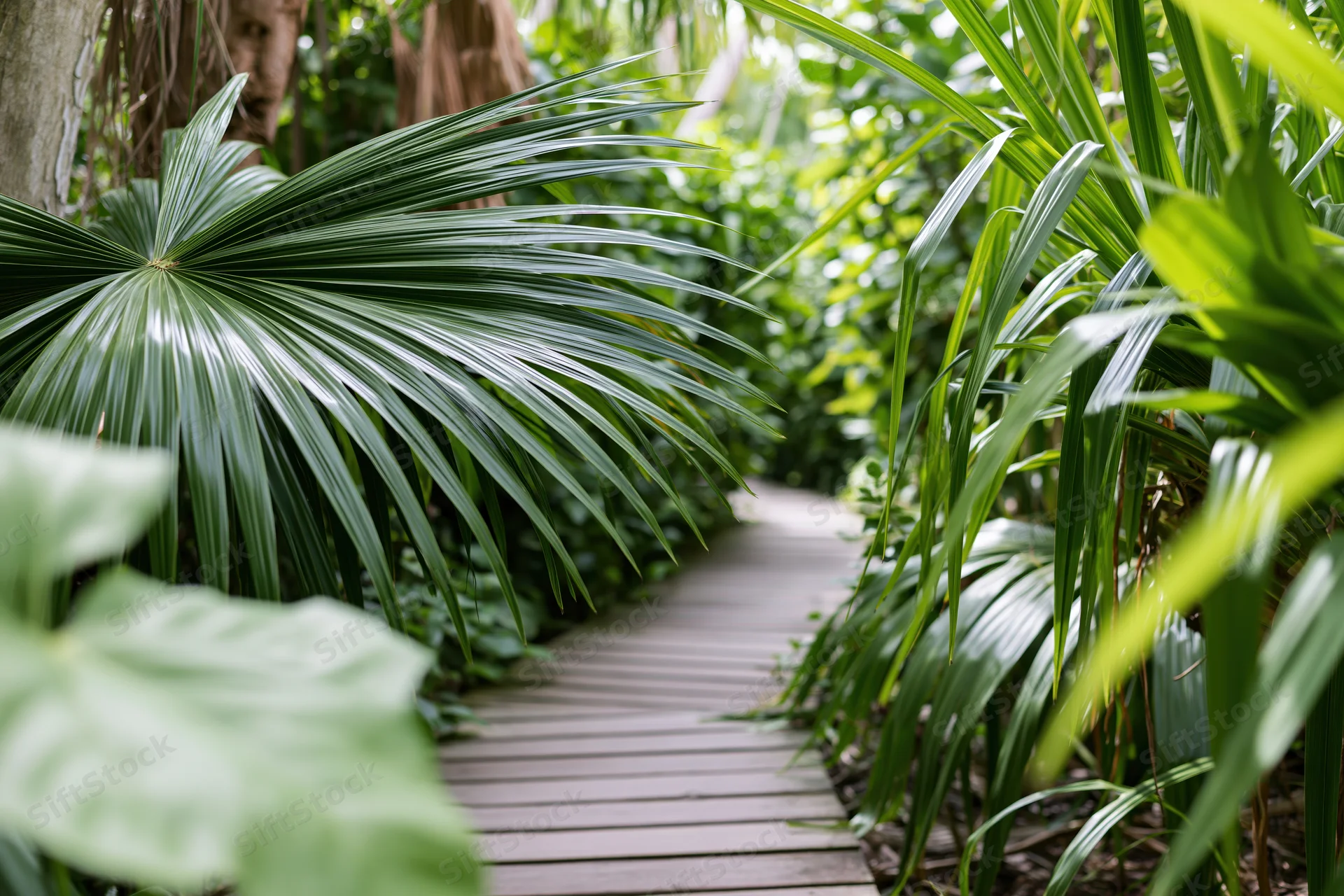 Narrow wooden boardwalk winding through dense tropical foliage in a lush garden setting