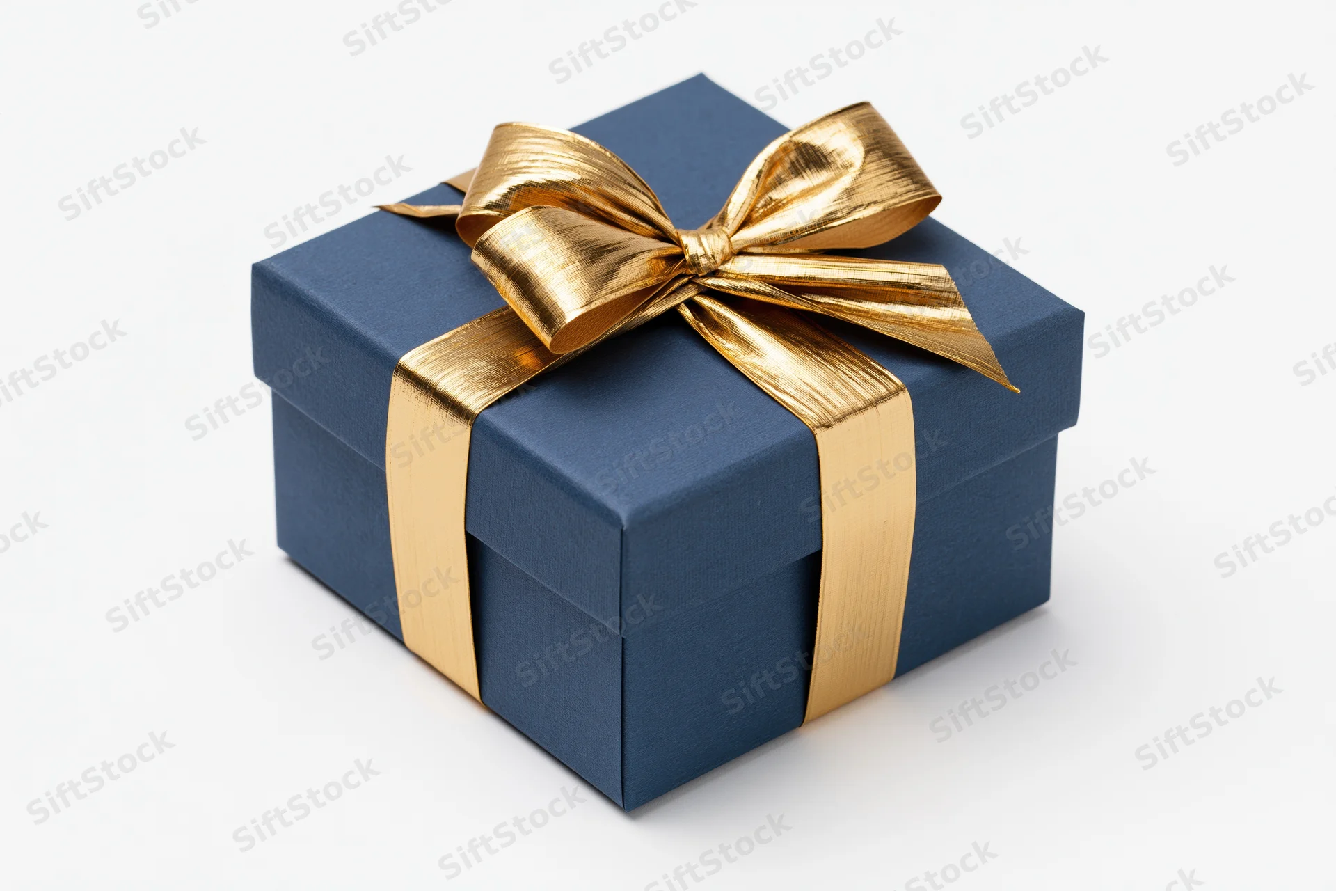 Navy blue gift box with gold metallic ribbon and bow on white background