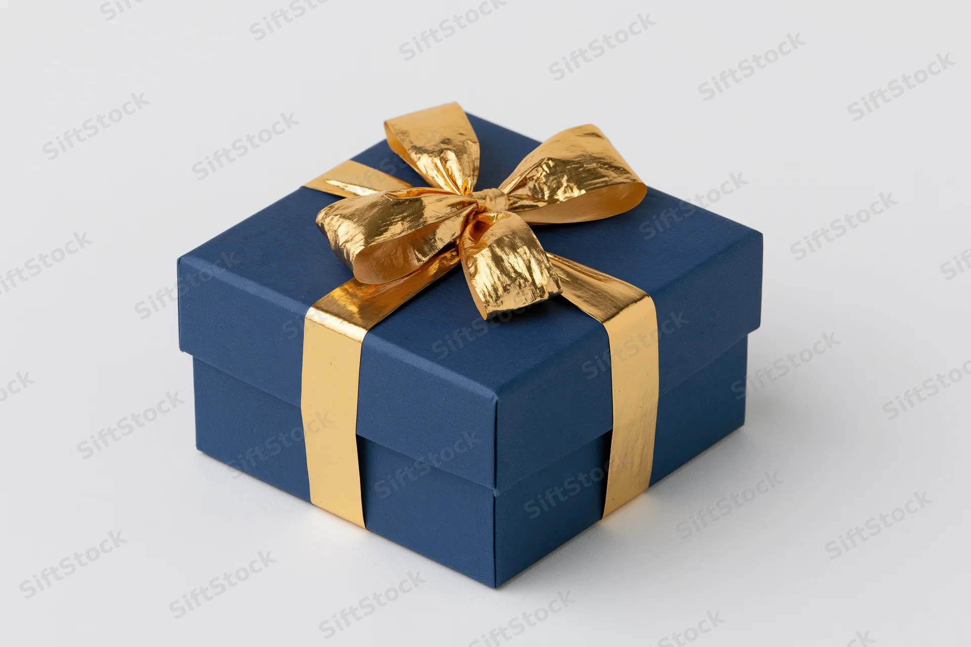 Navy blue gift box with gold metallic ribbon and bow on white background