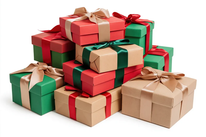 Stack of wrapped christmas gift boxes in red green and brown with ribbons on white background