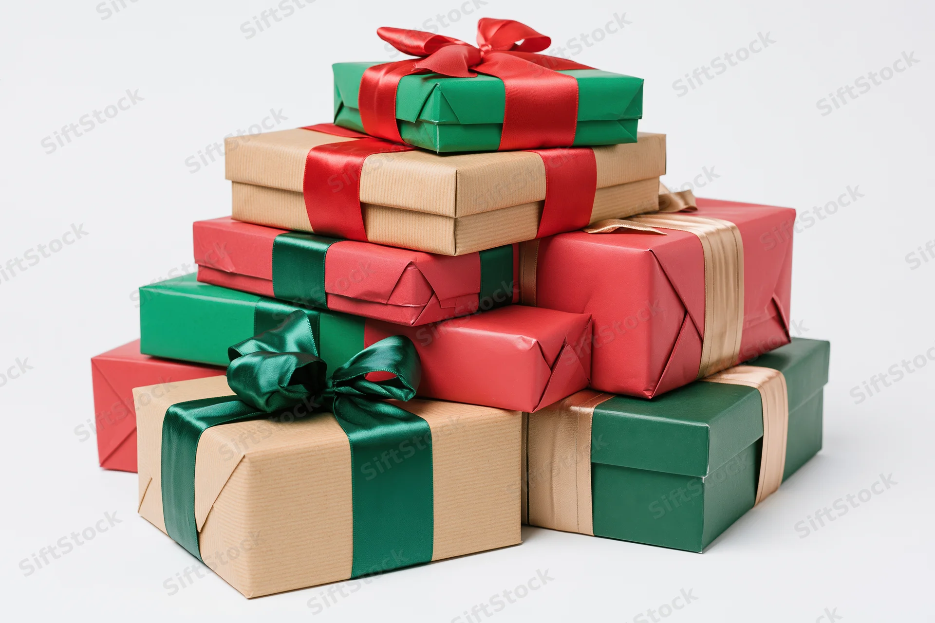 Stack of wrapped christmas gift boxes in red green and brown paper with ribbons on white background