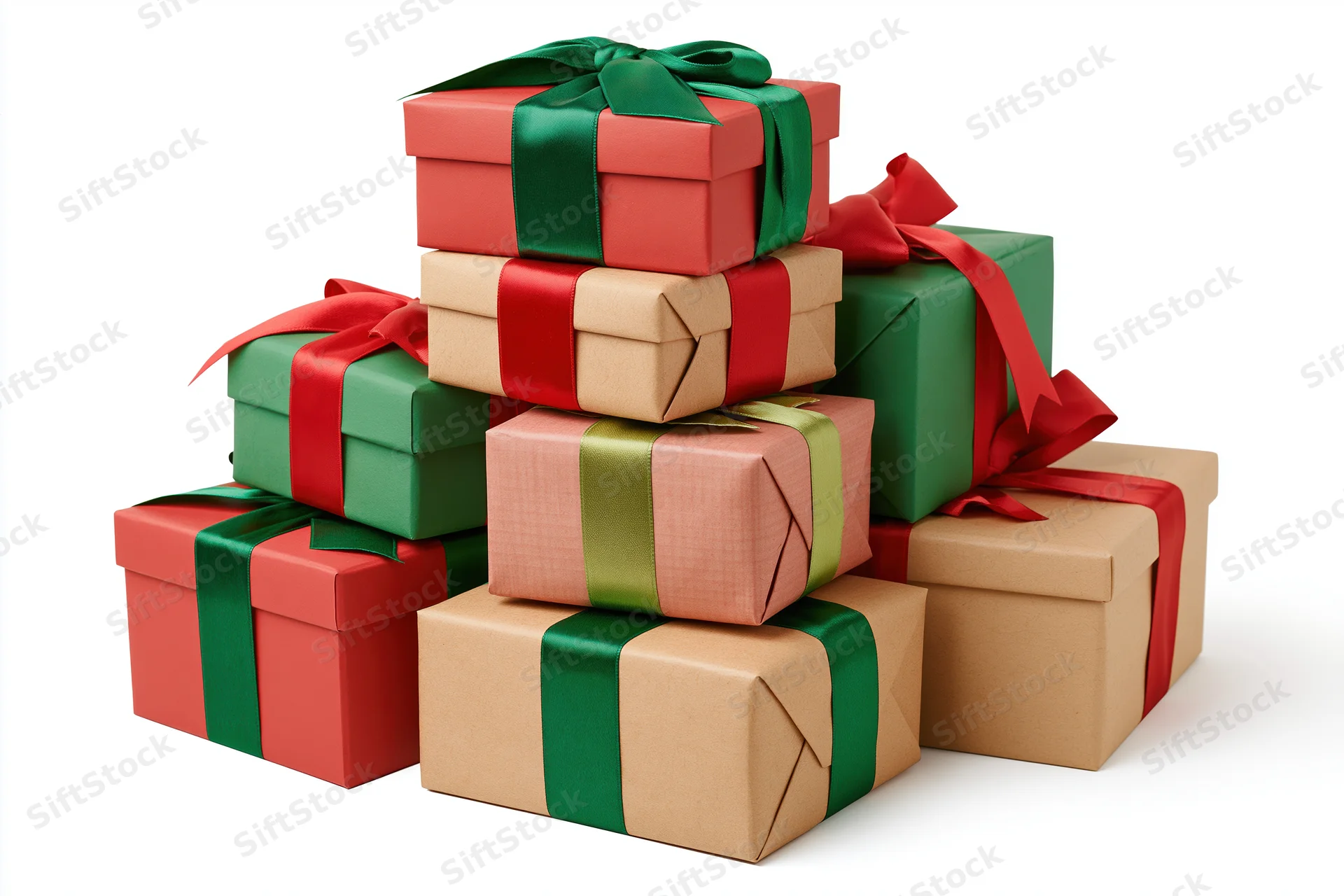 Stack of wrapped christmas gift boxes in red green and brown paper with ribbons on white background