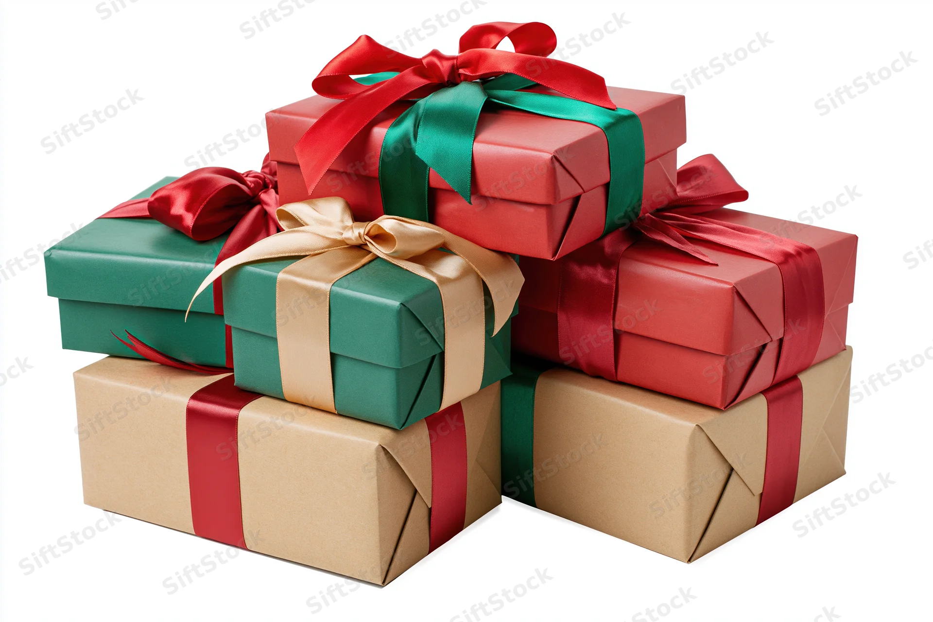 Stack of wrapped christmas gift boxes in red, green, and brown paper with ribbons and bows on white background