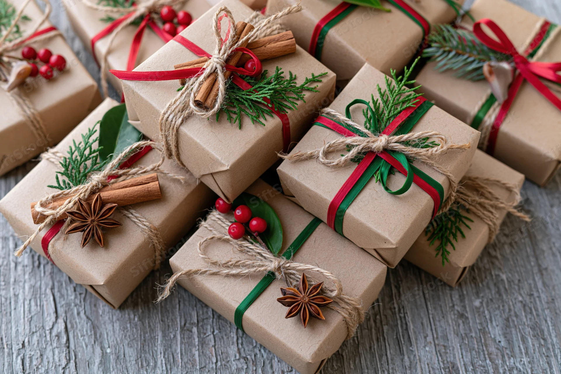 Kraft paper gift boxes wrapped with red and green ribbons and natural decorations on a wooden surface
