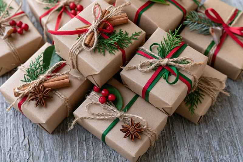 Kraft paper gift boxes wrapped with red and green ribbons and natural decorations on a wooden surface