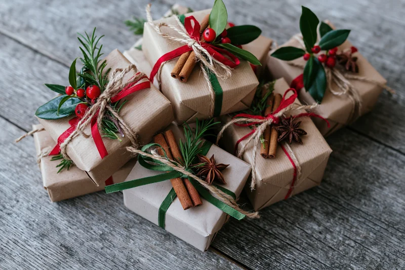Kraft paper gift boxes decorated with cinnamon sticks, holly, rosemary and ribbons arranged on a wooden surface