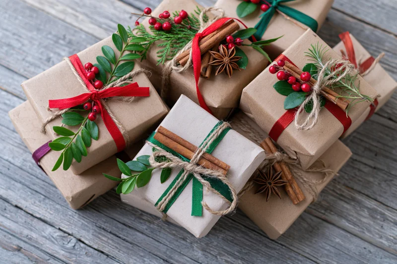 Pile of kraft paper gift boxes decorated with red and green ribbons, cinnamon sticks, berries and foliage on a gray wooden surface