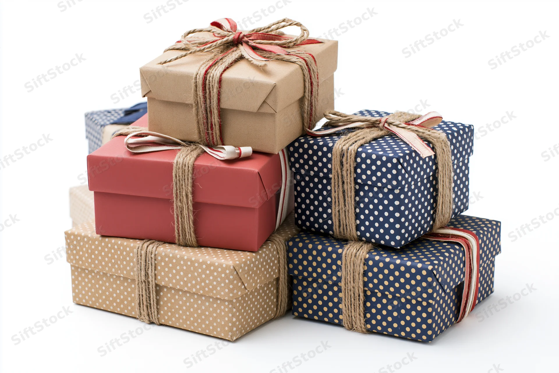 Stack of six wrapped gift boxes in various sizes and colors with twine and ribbon bows on white background