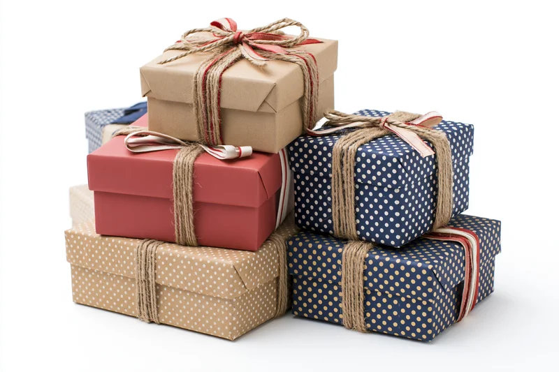 Stack of six wrapped gift boxes in various sizes and colors with twine and ribbon bows on white background
