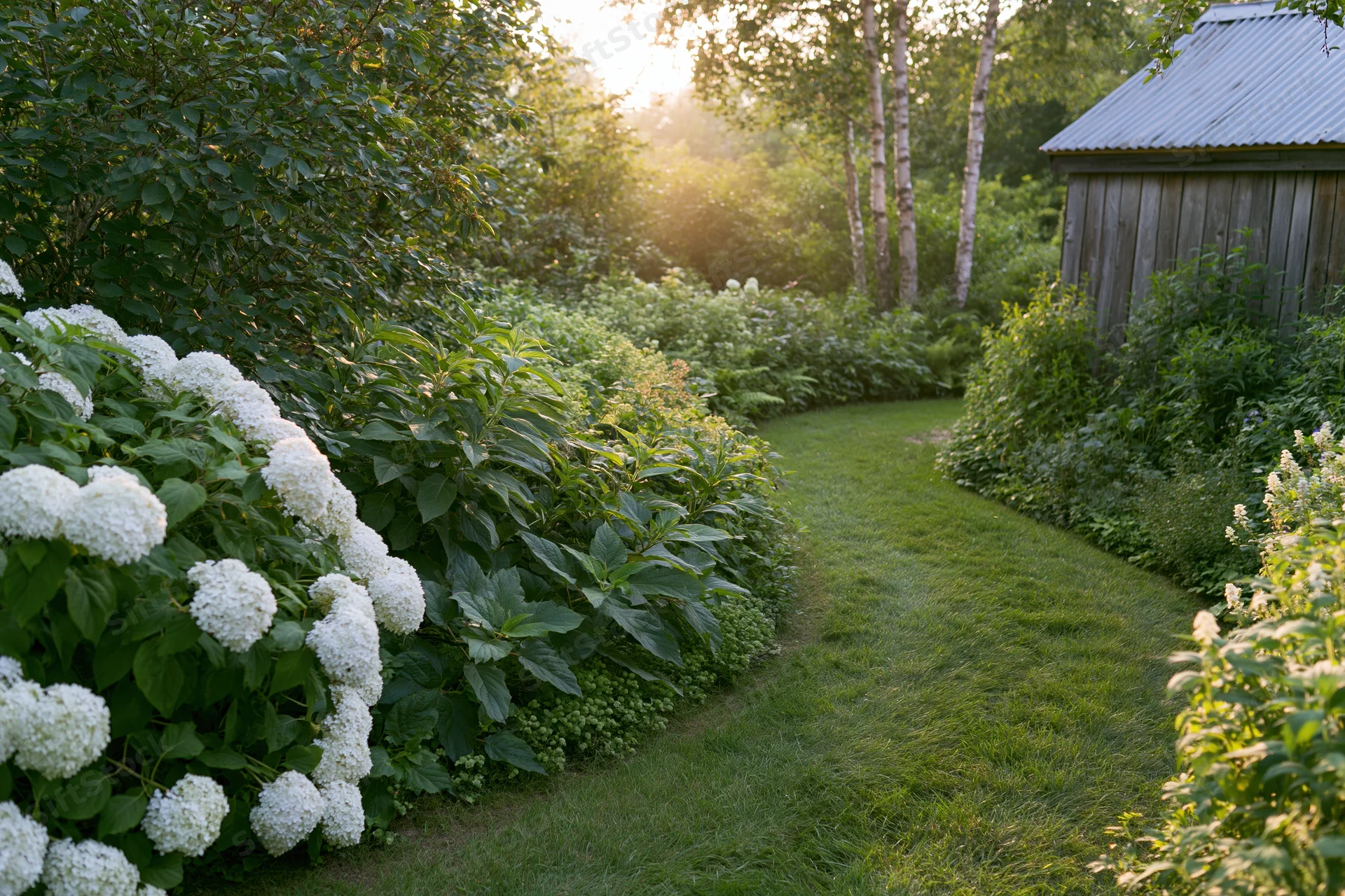 Curved grass path winding through lush garden with white hydrangeas and wooden shed at dusk