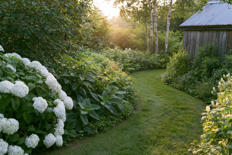 Curved grass path winding through lush garden with white hydrangeas and wooden shed at dusk