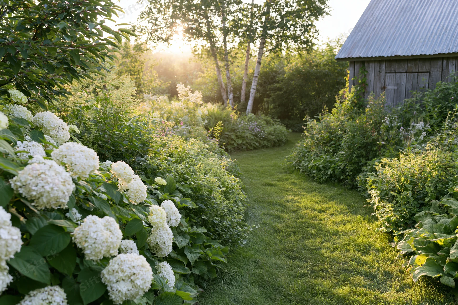 Curved grass path winding through lush garden with white hydrangeas and wooden shed at sunrise