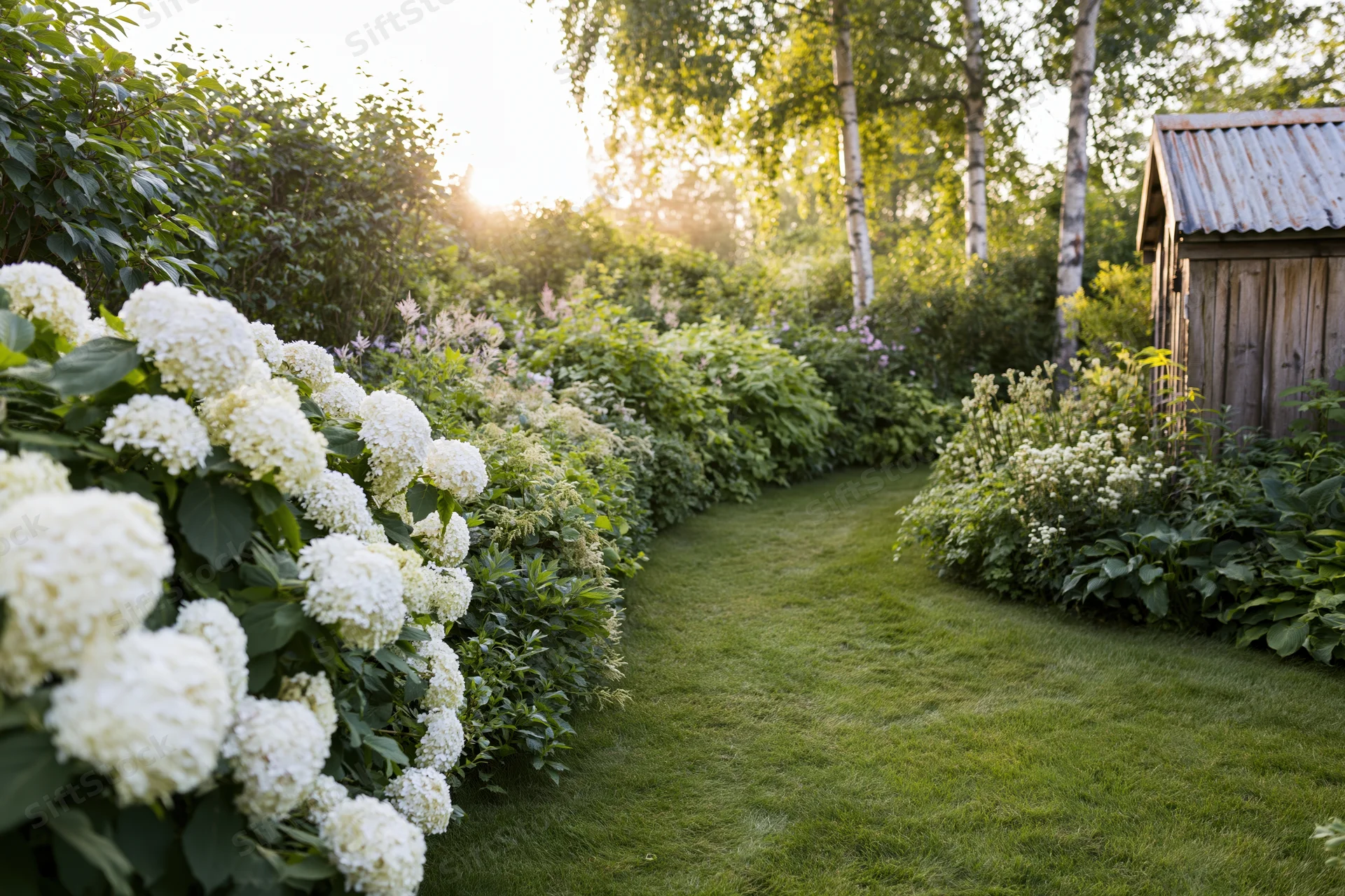 Curved grass path winding through a garden with white hydrangeas and birch trees near a wooden shed