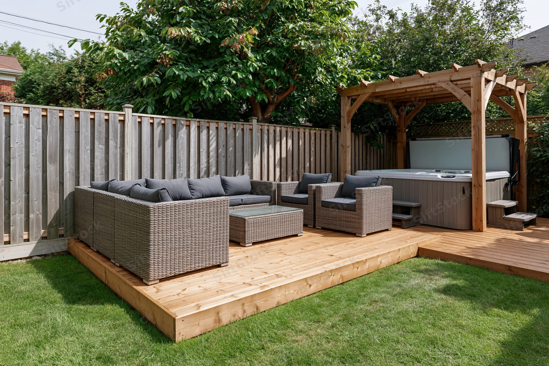 Wicker outdoor furniture set on wooden deck with hot tub under pergola in private backyard garden