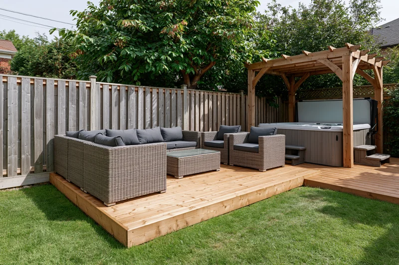 Wicker outdoor furniture set on wooden deck with hot tub under pergola in private backyard garden