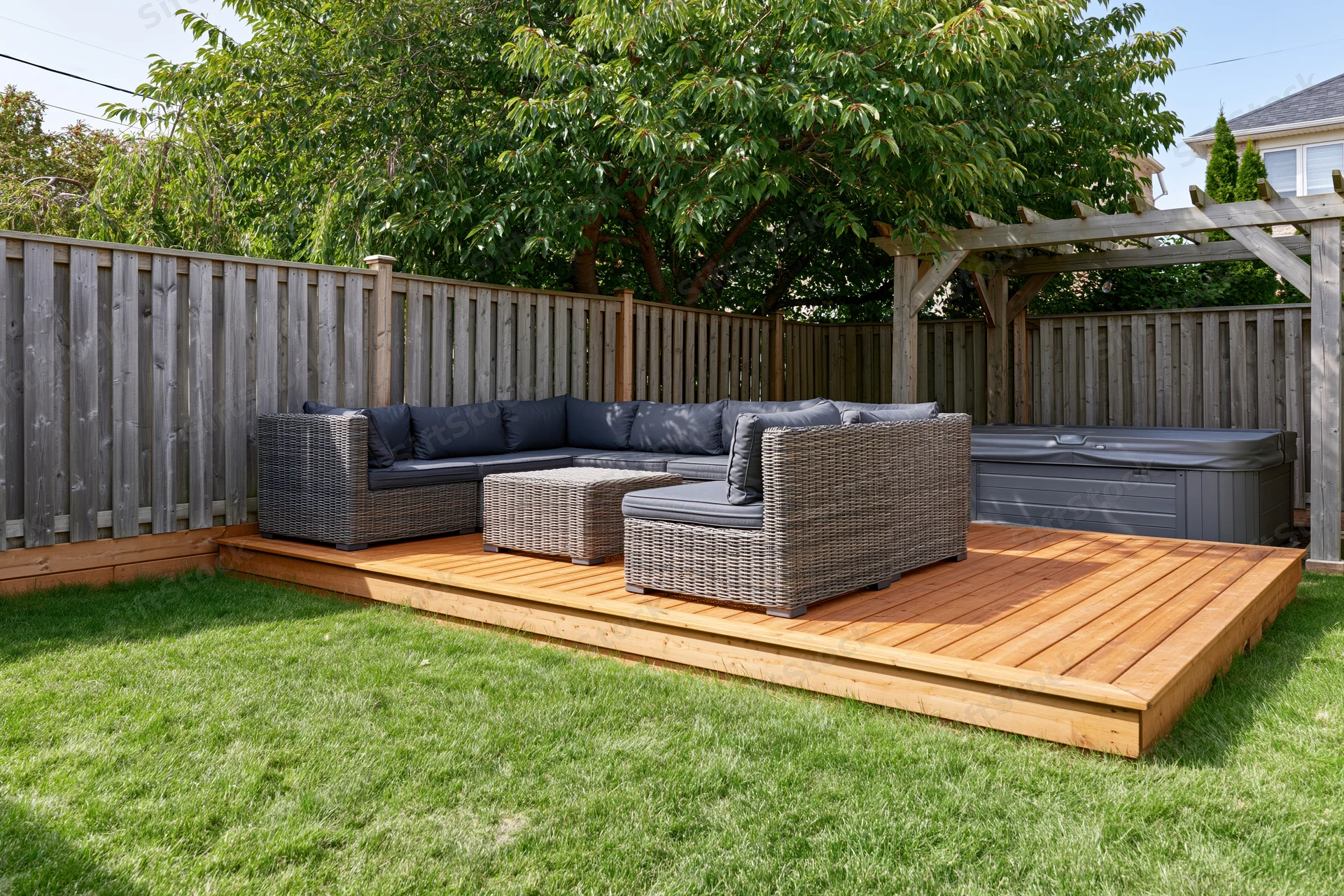 Wicker sectional sofa with cushions on wooden deck in private backyard garden