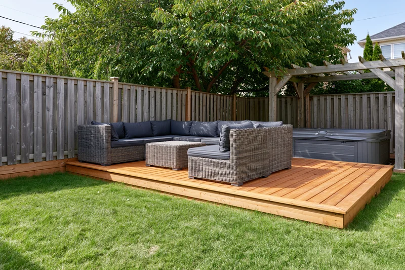 Wicker sectional sofa with cushions on wooden deck in private backyard garden