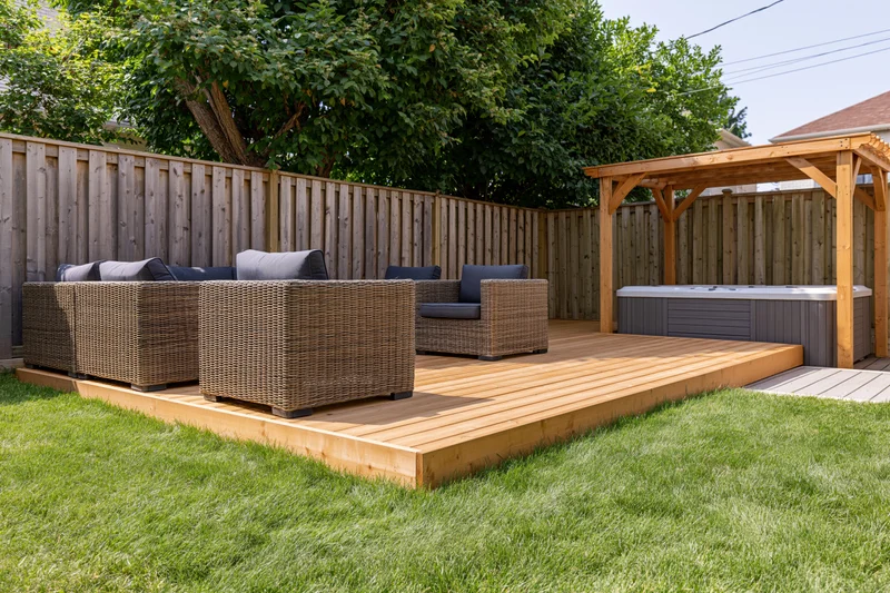 Wooden deck with wicker furniture and hot tub under pergola in private backyard garden