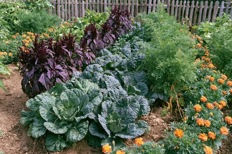 Rows of kale, amaranth, and marigolds growing in a garden bordered by a wooden fence