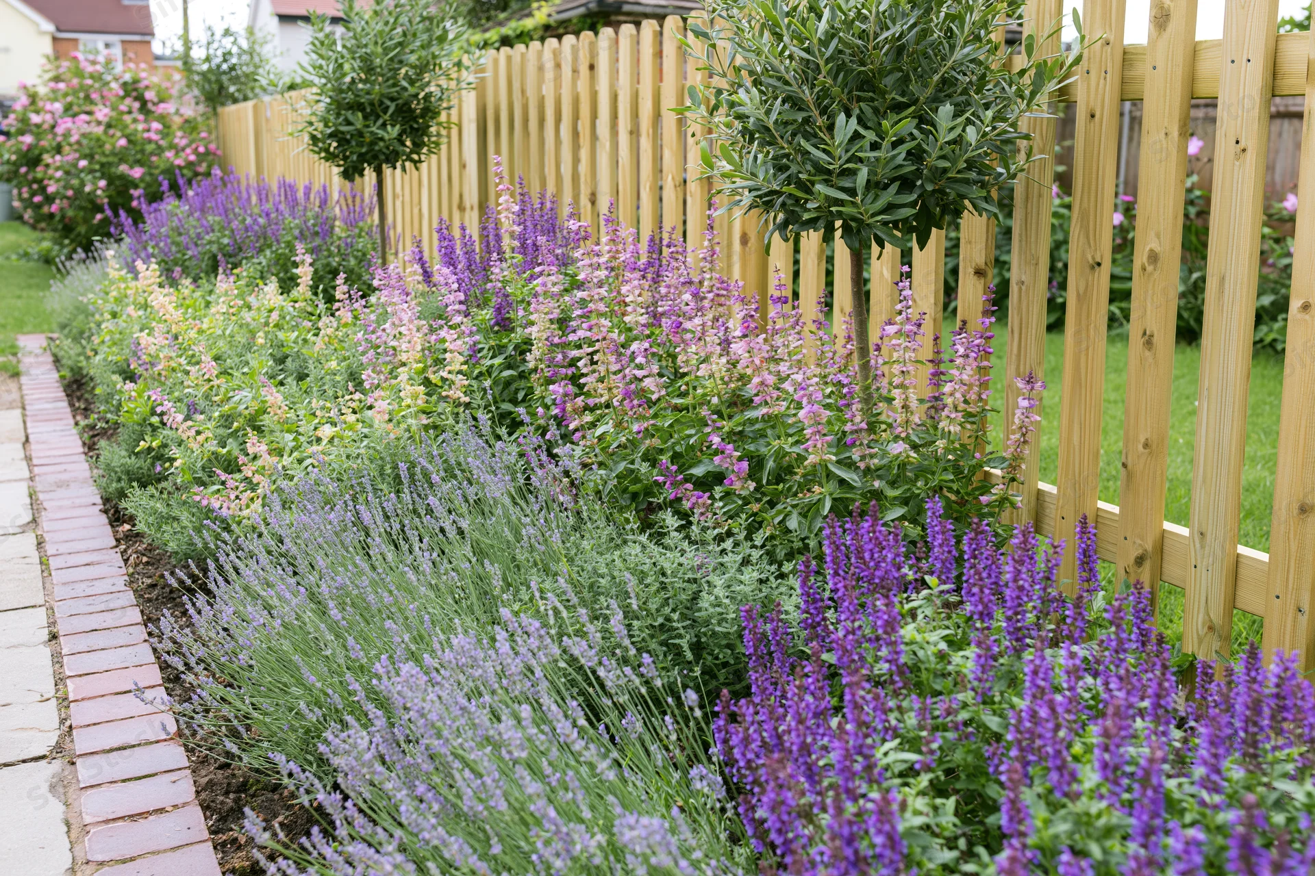 A raised garden border densely planted with lavender and salvia along a wooden fence with a brick pathway beside it