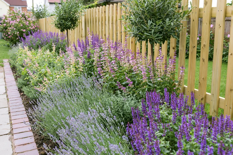 A raised garden border densely planted with lavender and salvia along a wooden fence with a brick pathway beside it