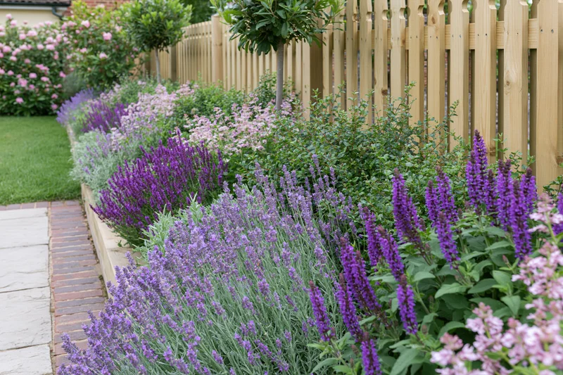 Raised garden border with lavender and salvia plants along a wooden fence and brick pathway