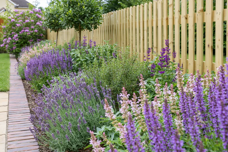 Lavender and salvia blooming in a raised garden border beside a brick pathway and wooden fence