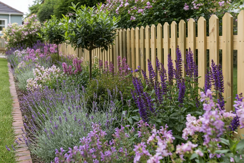 A raised garden border densely planted with lavender and salvia flowers along a wooden picket fence