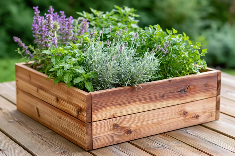 Wooden planter box filled with mixed herbs on a deck