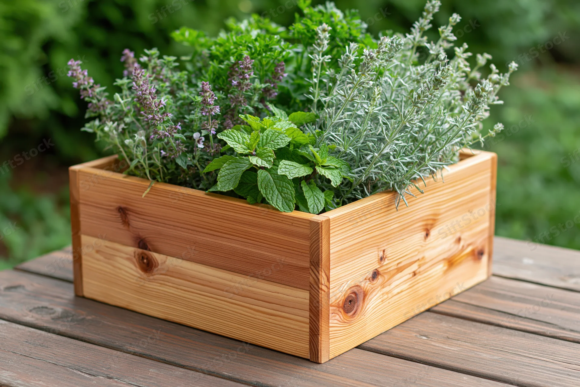 Wooden planter box filled with mixed herbs on a wooden table outdoors
