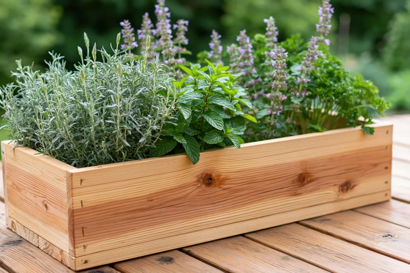 Wooden planter box filled with mixed herbs on a deck