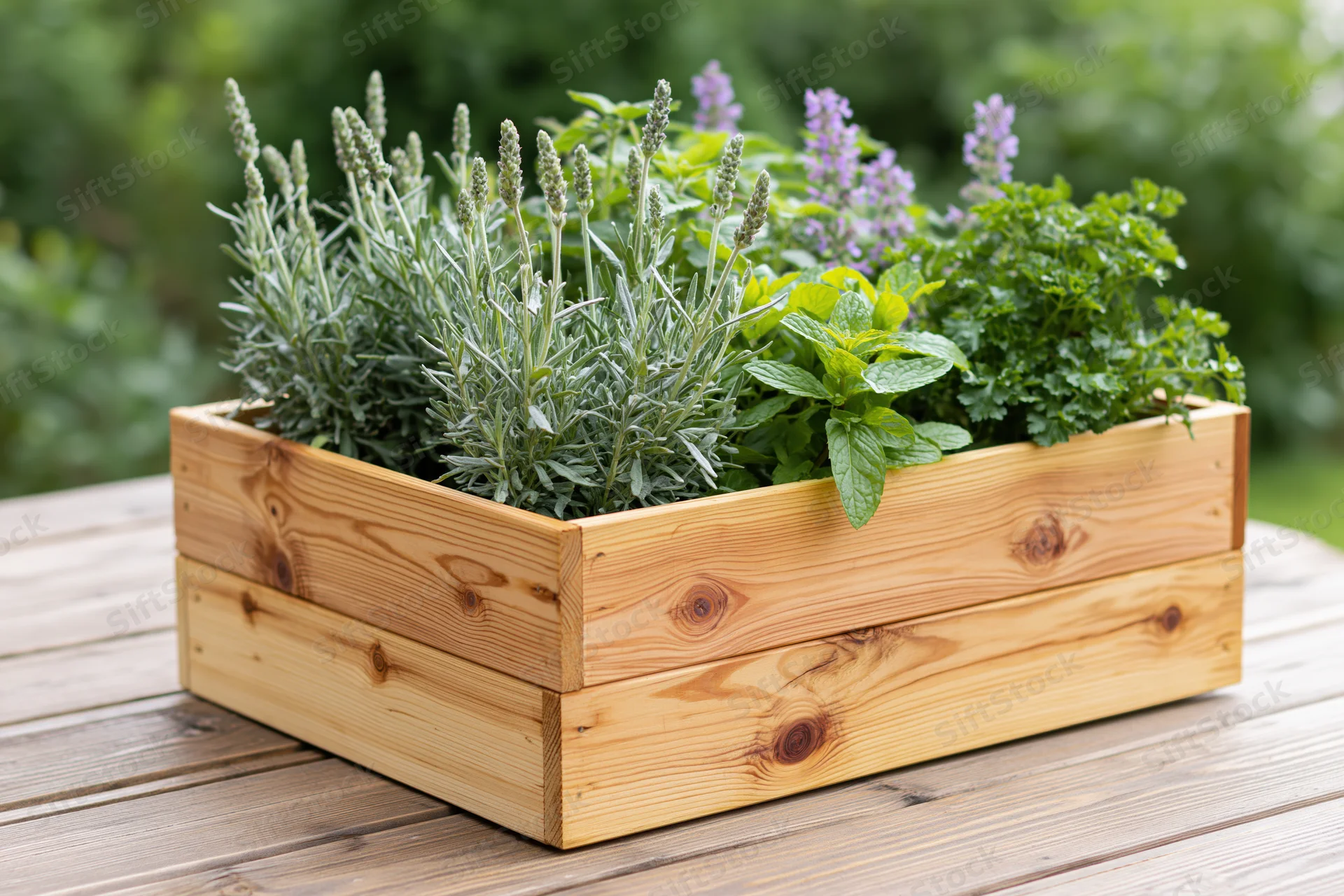 Wooden planter box filled with mixed herbs on a deck table