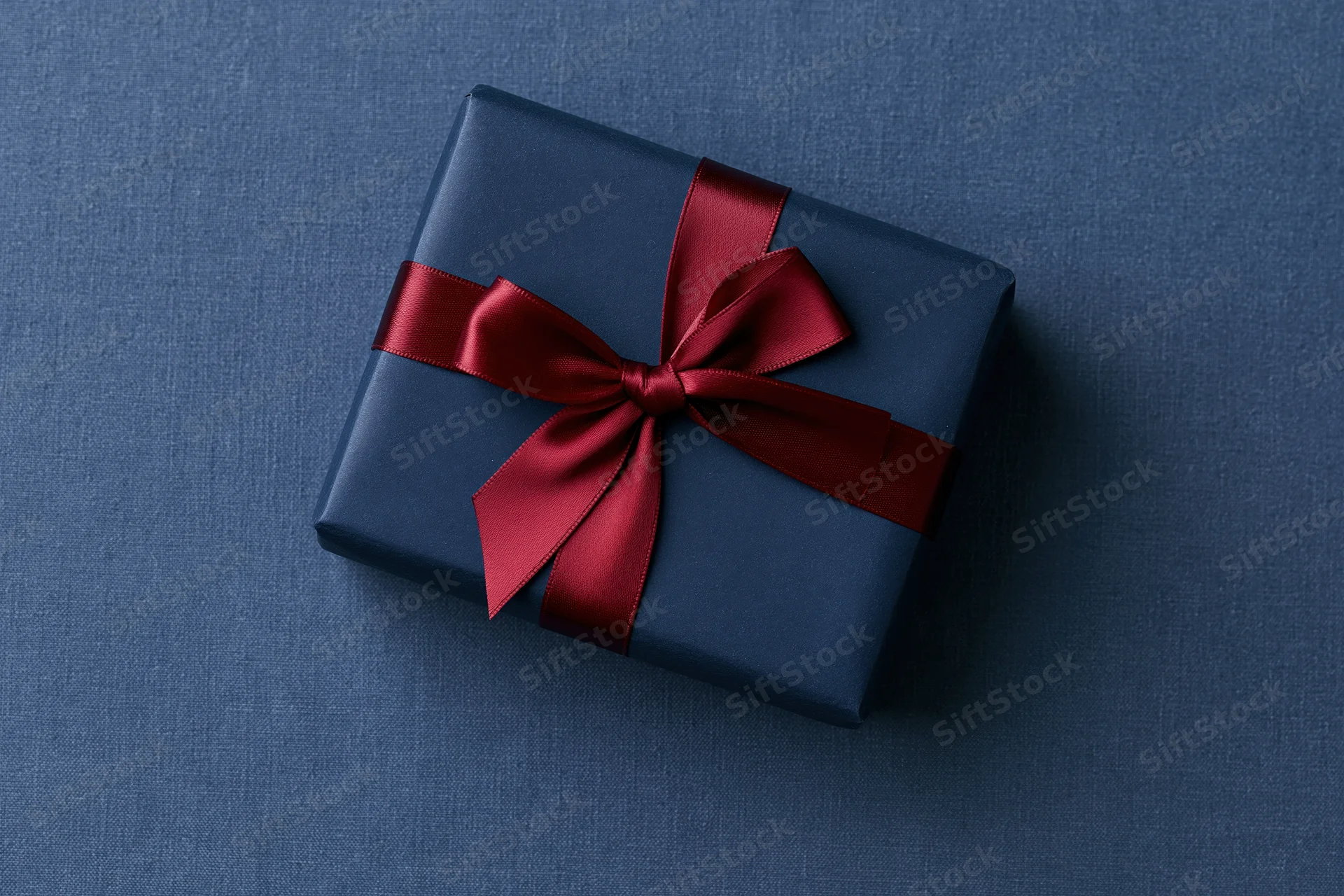 Navy gift box wrapped with red satin ribbon on blue fabric surface