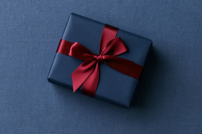 Navy gift box wrapped with red satin ribbon on blue fabric surface