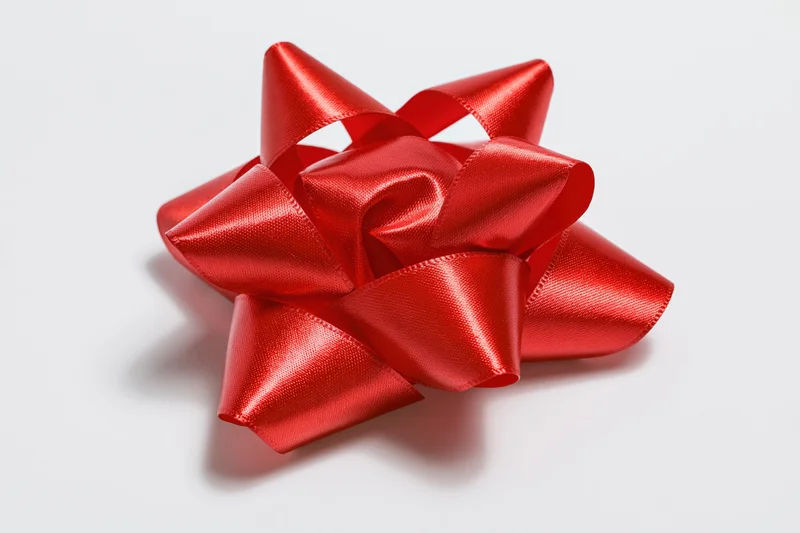 Red satin gift bow on white background with copyspace